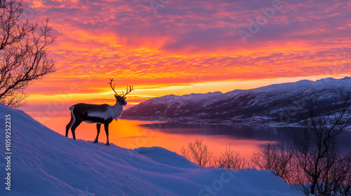 A reindeer stands on a snowy hillside in Tromsø, Norway, silhouetted against a beautiful sunset. The image shows the peaceful beauty of the Arctic and a calm evening sky.