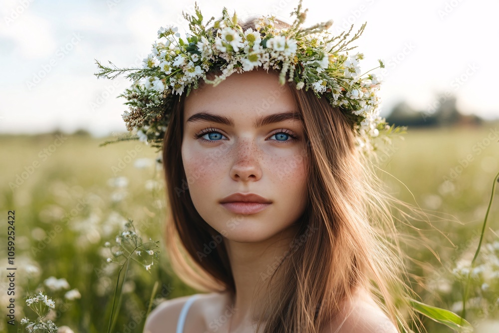 A young Scandinavian woman with blue eyes, wearing a floral crown, standing in a meadow, midday sun 5 A young Scandinavian woman with blue eyes, wearing a floral crown, standing in a meadow, midday sun 5