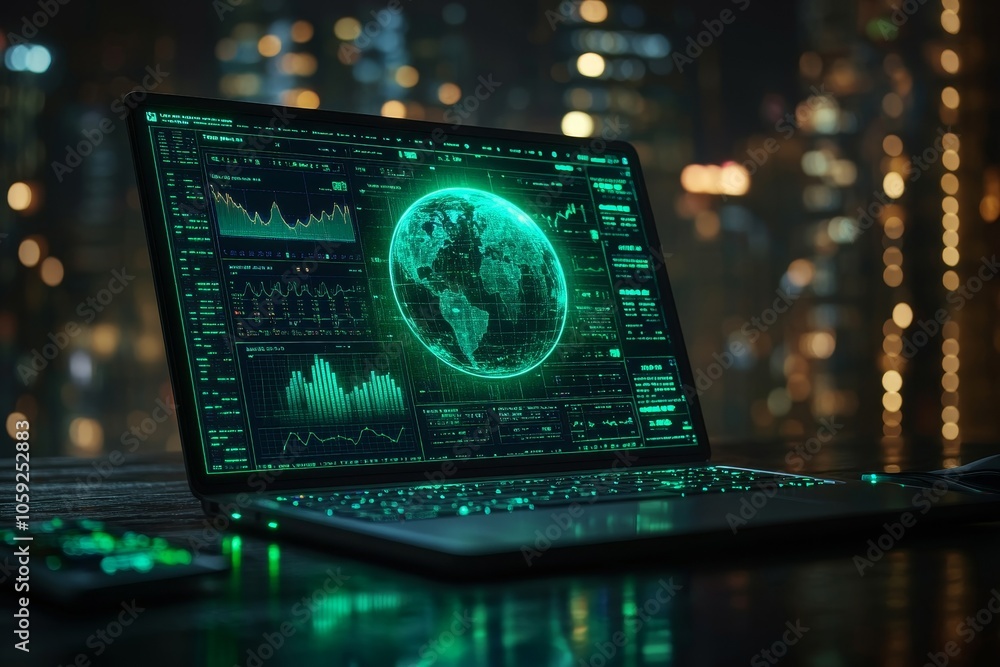 Global Data Visualization on Laptop Screen with Green Glow Global Data Visualization on Laptop Screen with Green Glow