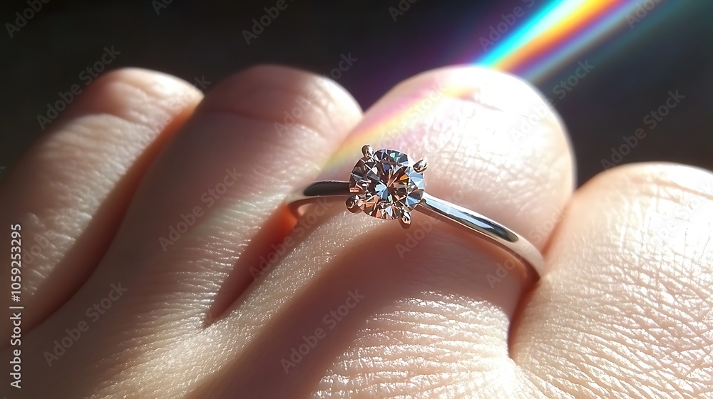 Obraz premium Sparkling Diamond Ring on Finger with Rainbow Light