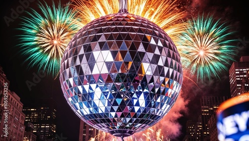 A glittering New Year’s Eve disco ball surrounded by colorful fireworks in Times Square, symbolizing the celebration of the New Year. photo