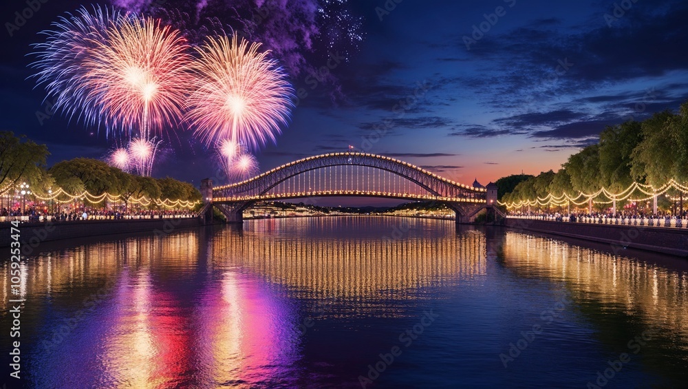 Naklejka premium Spectacular fireworks over a lit bridge reflected in calm river waters at night, celebrating a festive occasion in a cityscape setting.