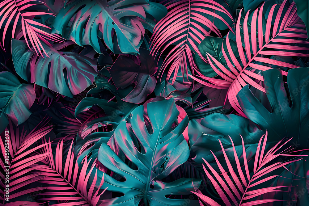 Naklejka premium A neon pink and teal jungle scene with exotic plants, palm leaves, monstera, ferns, exotic flowers, bold colors, high contrast, low lighting, shadows, darkness