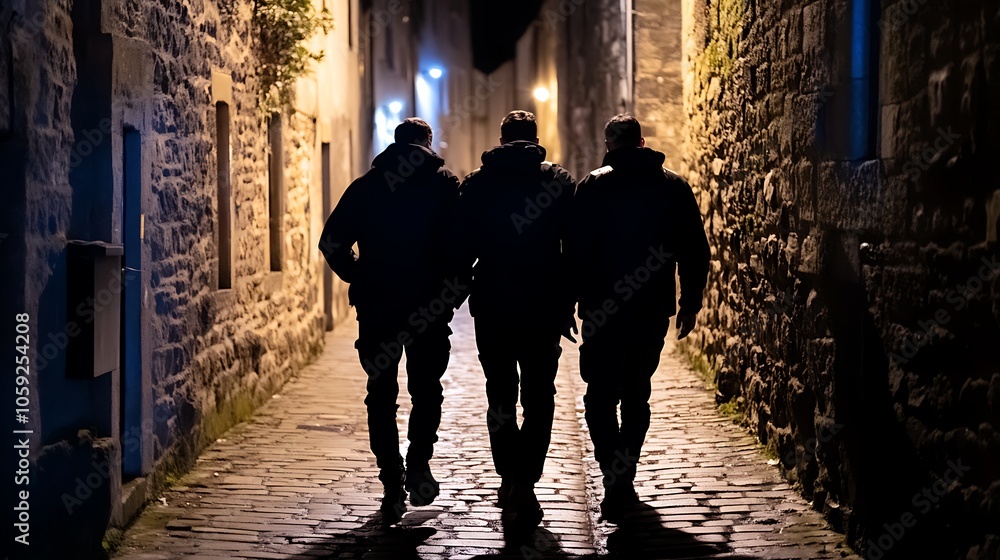 Shadowy Figures Walking in Dimly Lit Alley Shadowy Figures Walking in Dimly Lit Alley