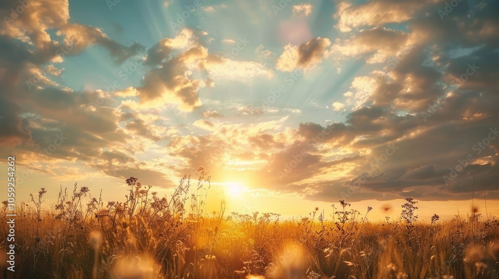 Naklejka premium Sunset over summer field with cloudy sky.