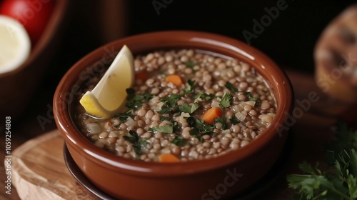 Bowl of mercimek corbasi lentil soup garnished with lemon and parsley photo