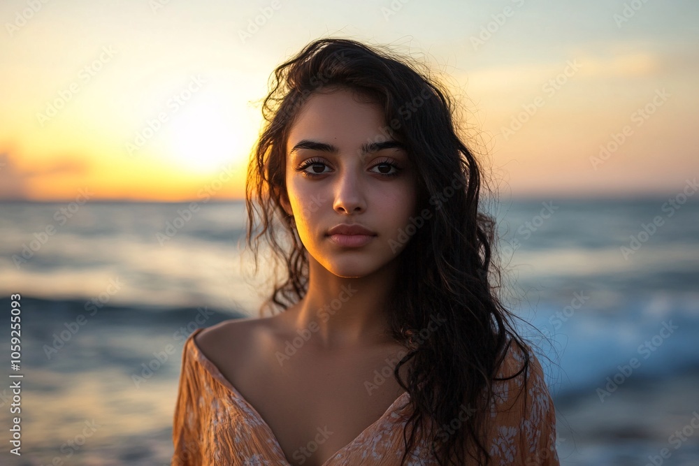 A young Algerian woman with a reflective expression, wearing a loose dress, standing by the sea, sunset glow 6 A young Algerian woman with a reflective expression, wearing a loose dress, standing by the sea, sunset glow 6