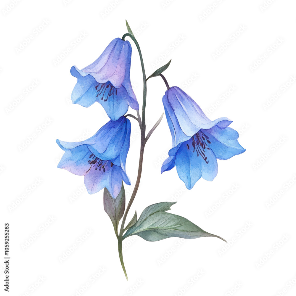 beautiful watercolor illustration of blue flowers with delicate petals and green leaves, evoking sense of tranquility and natures elegance