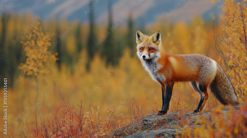 Obraz premium A red fox stands in the fall landscape of the Yukon Territory, Canada.