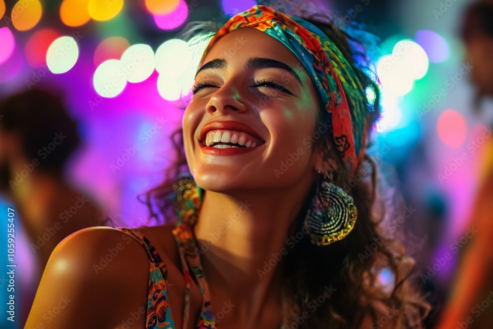 A woman with a colorful headband and bohemian outfit, enjoying the music and dancing in a lively club with vibrant lights 2 A woman with a colorful headband and bohemian outfit, enjoying the music and dancing in a lively club with vibrant lights 2