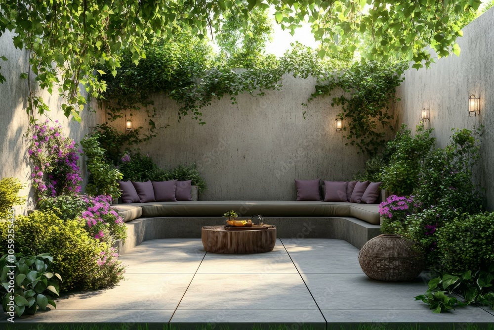 Modern Patio Design with Concrete Wall Lush Greenery and Outdoor Furniture Modern Patio Design with Concrete Wall Lush Greenery and Outdoor Furniture