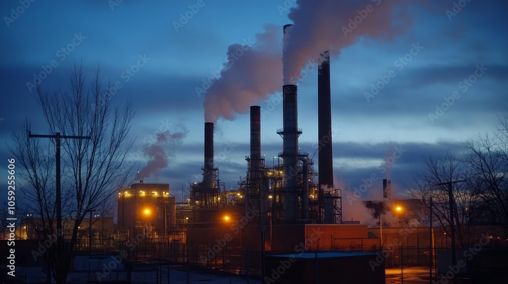 A large industrial plant with tall smokestacks emitting smoke into the evening sky. A large industrial plant with tall smokestacks emitting smoke into the evening sky.