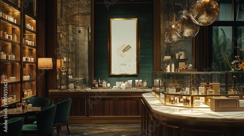 Elegant Modern Perfume Atelier: Vertical Poster in Gold Frame, Glass Displays, Velvet Seating, Marble Counter, Mood Lighting, and Antique Mirrors – Luxury Retail Photography.