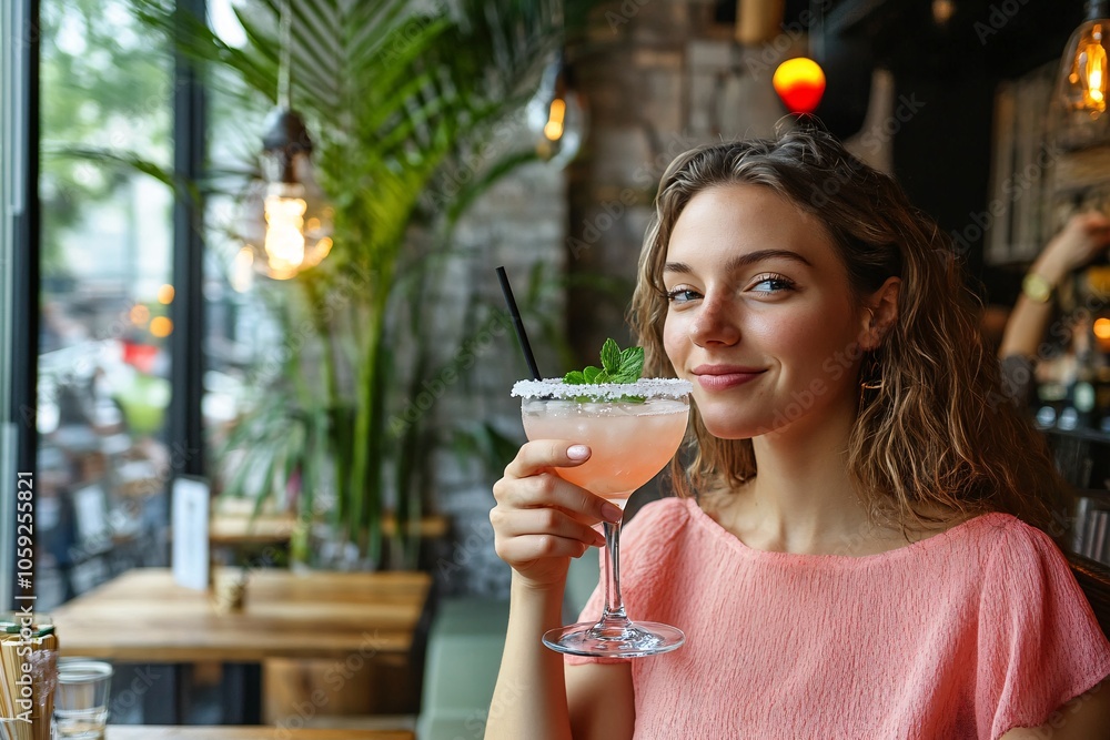 A woman enjoying a margarita with a salted rim, sitting in a stylish cafe with modern decor 1 A woman enjoying a margarita with a salted rim, sitting in a stylish cafe with modern decor 1
