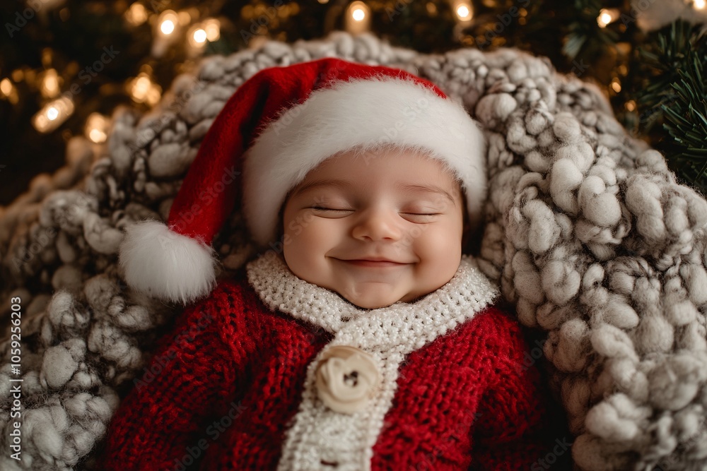 A smiling baby in a Santa suit, nestled in a pile of soft blankets with twinkling Christmas lights in the background 2 A smiling baby in a Santa suit, nestled in a pile of soft blankets with twinkling Christmas lights in the background 2