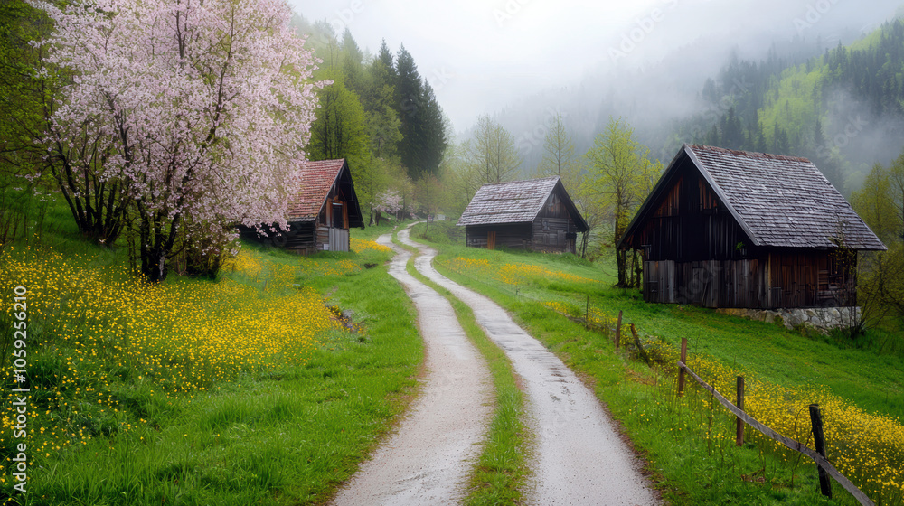 Serene Countryside Pathway with Blooming Trees Serene Countryside Pathway with Blooming Trees