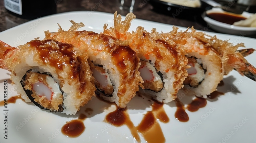Shrimp tempura sushi roll, crispy and golden, drizzled with spicy sauce, served on a clean, white plate Shrimp tempura sushi roll, crispy and golden, drizzled with spicy sauce, served on a clean, white plate