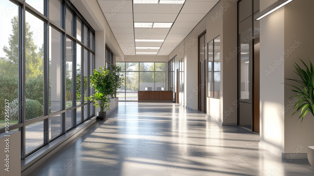 A modern office building with an empty hallway. The spacious office has big windows and bright lighting. A modern office building with an empty hallway. The spacious office has big windows and bright lighting.