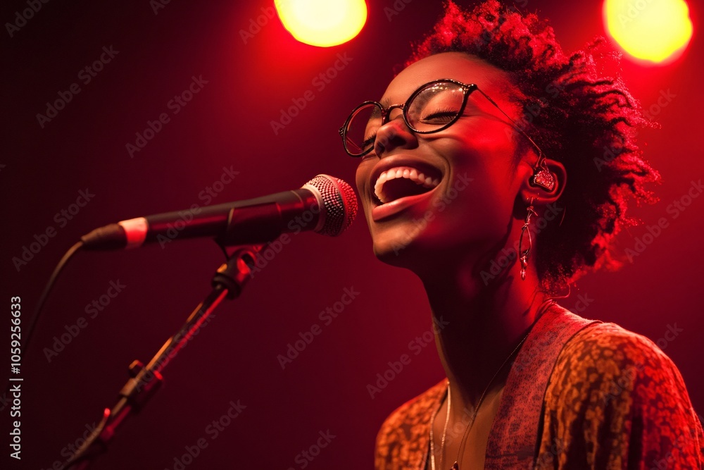 A person with a bright smile, singing passionately into a microphone, with spotlight and stage background 3 A person with a bright smile, singing passionately into a microphone, with spotlight and stage background 3