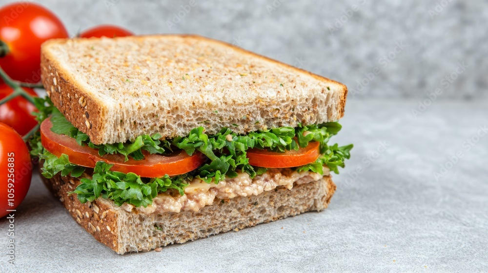 A freshly made tuna sandwich with lettuce and tomato on whole wheat bread, with fresh tomatoes in the background. A freshly made tuna sandwich with lettuce and tomato on whole wheat bread, with fresh tomatoes in the background.