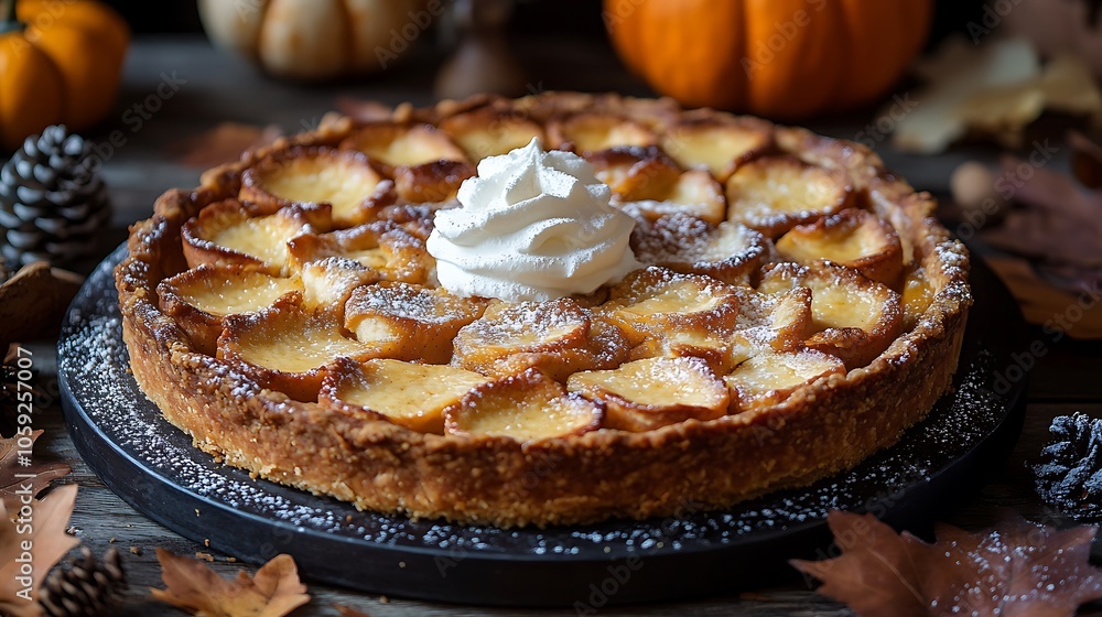 Delicious pumpkin tart with whipped cream and seasonal decor Delicious pumpkin tart with whipped cream and seasonal decor