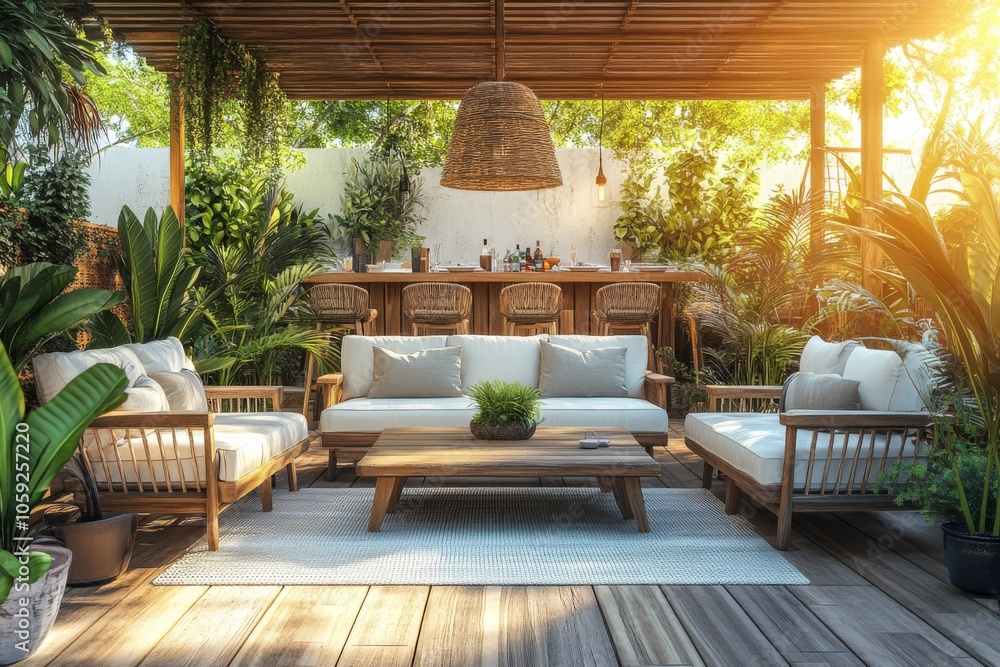 Tropical Patio Design with Wooden Furniture White Pillows and Greenery Tropical Patio Design with Wooden Furniture White Pillows and Greenery