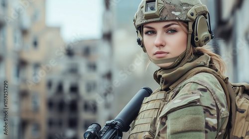 Military woman sniper in camouflage with a focused expression, standing against the background of a destroyed European city with space for text photo