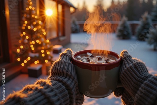 Hands holding steaming hot cocoa with marshmallows and chocolate in a cozy Christmas setting at sunset capture festive warmth, blending seasonal comfort with a peaceful winter sunset backdrop photo