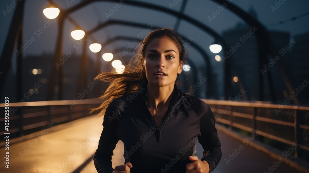 Fototapeta premium A determined woman catches her breath during an evening run on a lit urban bridge, embodying endurance.