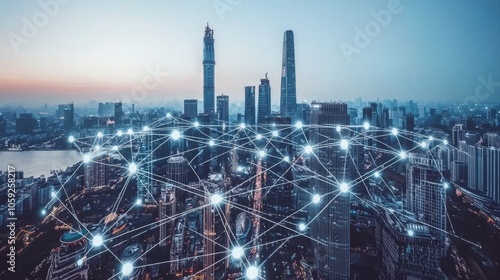 Wallpaper Mural Smart city concept. Smart communication network. 5G. IoT. Aerial view of the modern city and communication network. Torontodigital.ca