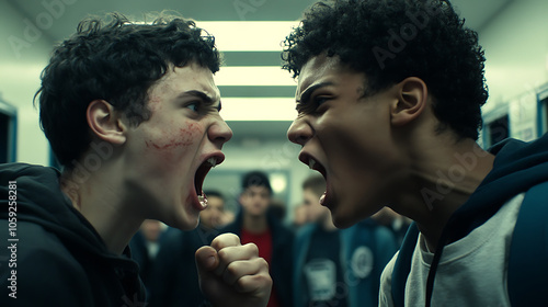Two students arguing fiercely in school hallway, showcasing intense emotions and conflict. Their expressions reflect anger and determination amidst tense atmosphere