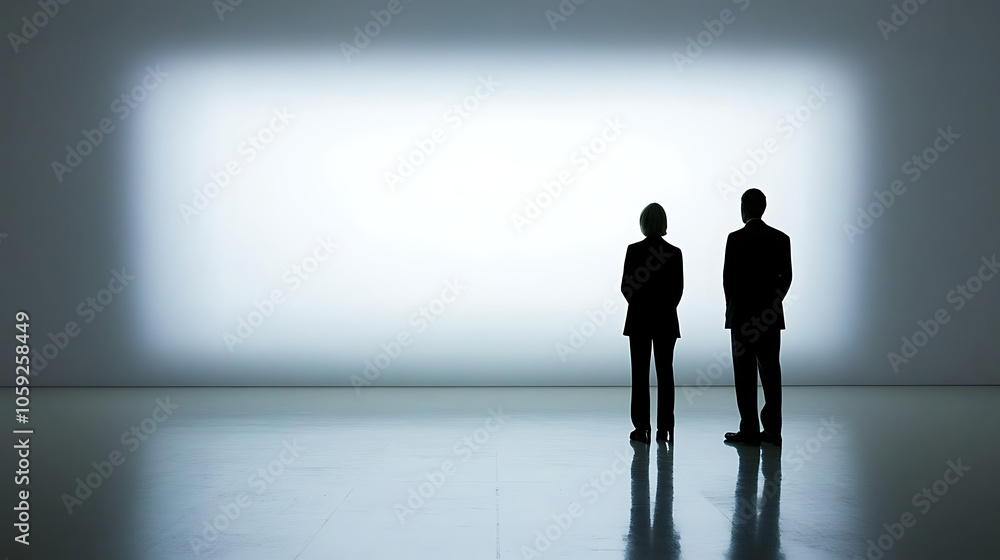 Two businesspeople standing in front of blank screen, contemplating their next move in professional setting. atmosphere is serious and focused Two businesspeople standing in front of blank screen, contemplating their next move in professional setting. atmosphere is serious and focused