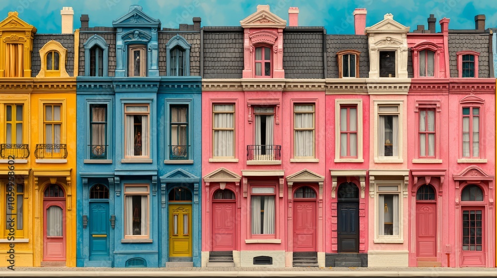 Fototapeta premium A row of colorful houses with blue, yellow, pink, and white exteriors.