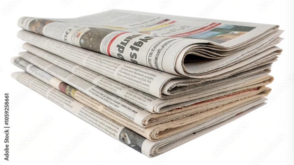 A stack of folded newspapers on a white background, representing news, journalism, and daily information. Perfect for media, publishing, and communication-themed designs. A stack of folded newspapers on a white background, representing news, journalism, and daily information. Perfect for media, publishing, and communication-themed designs.