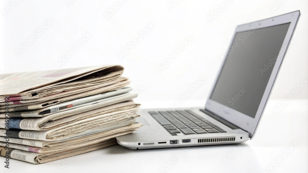 A stack of newspapers next to an open laptop on a transparent background, symbolizing the blend of traditional and digital media. Ideal for themes of journalism, information, and modern communication. A stack of newspapers next to an open laptop on a transparent background, symbolizing the blend of traditional and digital media. Ideal for themes of journalism, information, and modern communication.