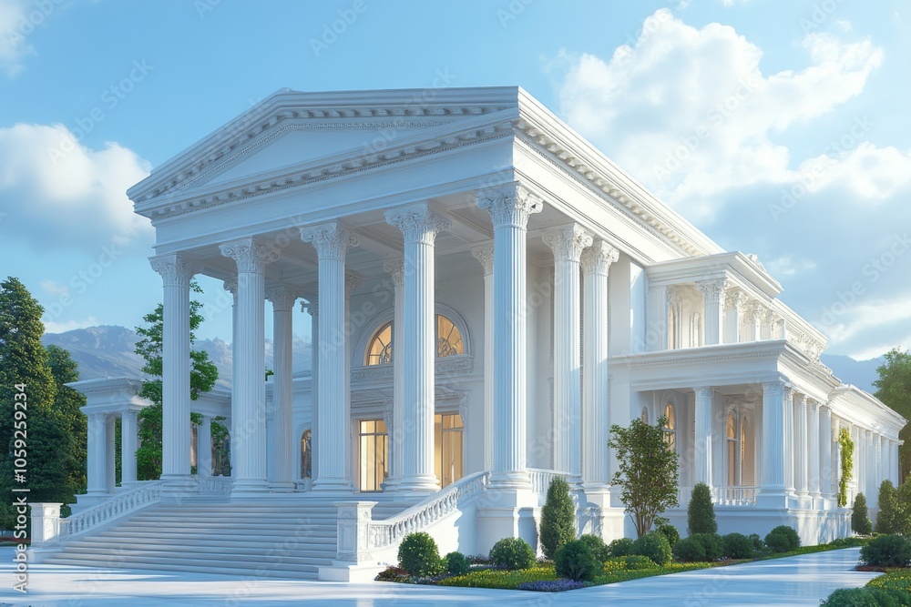 Obraz premium White Neoclassical Mansion with Columns and Landscaping