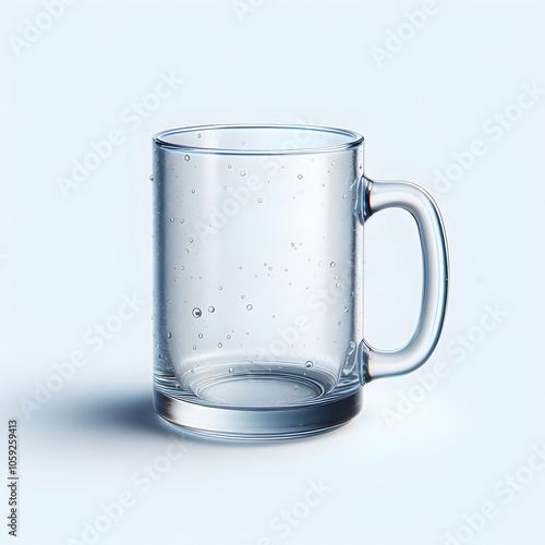 Clear glass mug with water droplets on a soft blue background