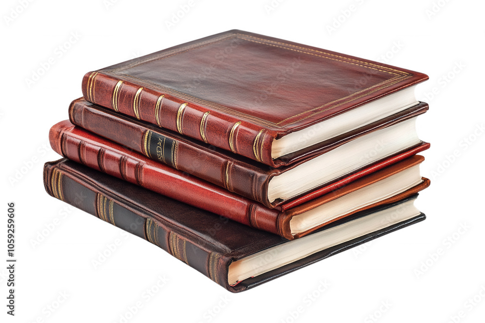 A stack of four antique, leather-bound books with gold accents, isolated on transparent or white background A stack of four antique, leather-bound books with gold accents, isolated on transparent or white background