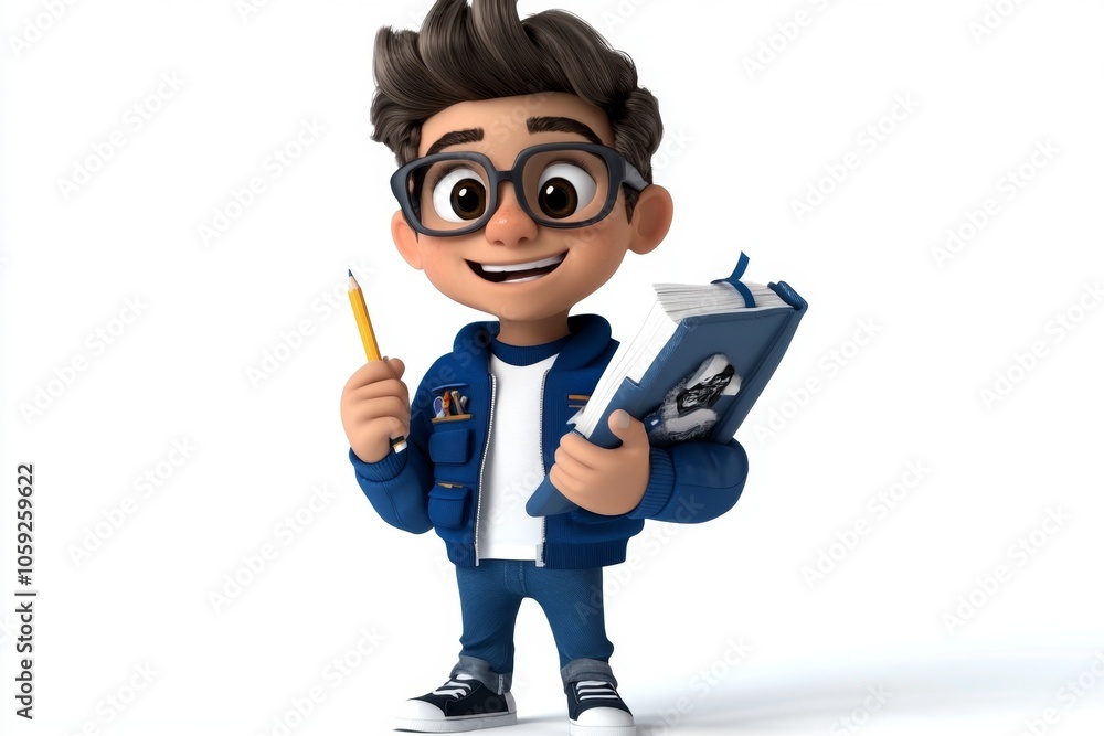 a 2D cartoon illustration of a student with a book and a pencil ready to learn prepared and eager white background a 2D cartoon illustration of a student with a book and a pencil ready to learn prepared and eager white background