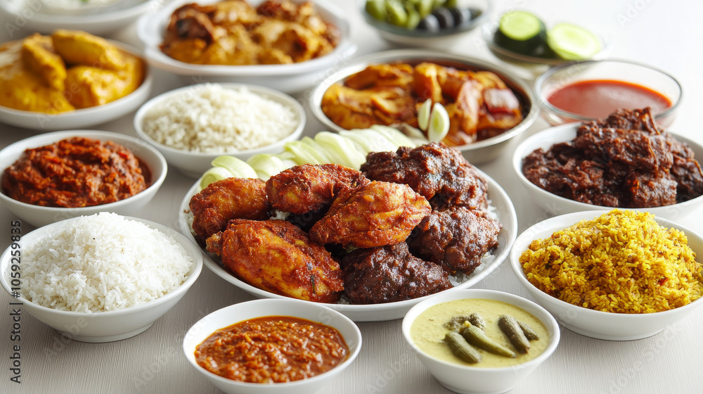Nasi kandar is a popular Malaysian dish. It features white rice served with okra, curry sauce, and fried chicken. You can also choose from a variety of other curries, side dishes, and sauces. Nasi kandar is a popular Malaysian dish. It features white rice served with okra, curry sauce, and fried chicken. You can also choose from a variety of other curries, side dishes, and sauces.