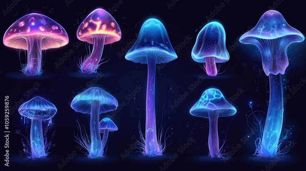 Fototapeta premium Colorful Neon Mushrooms on Dark Background