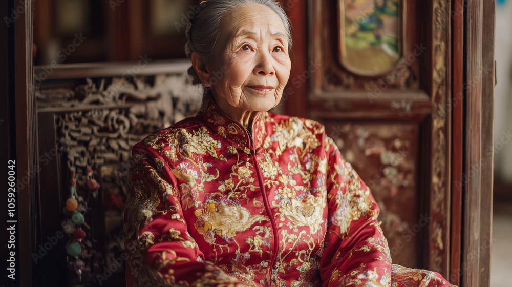 An elderly Chinese woman wearing a formal gown sits gracefully. An elderly Chinese woman wearing a formal gown sits gracefully.