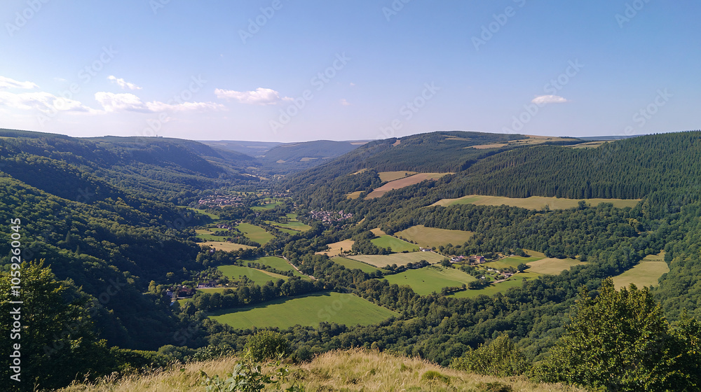 Fototapeta premium green valley landscape under blue sky in belgium