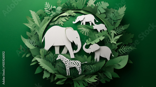 A green globe with lush leaves and plants shows white paper-cut animals like elephants, giraffes, rhinoceroses, and lions. This represents World Animal Day and the importance of wildlife conservation. photo