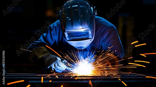 A welder in protective gear working on a metal project, creating bright sparks and a dynamic scene in a dark workshop environment.