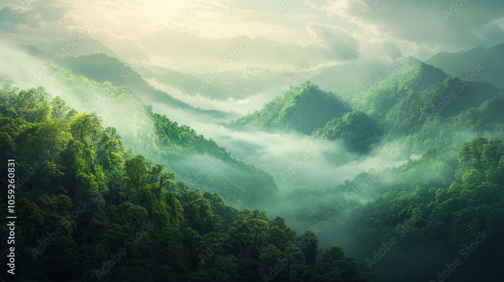 Obraz premium A lush green forest with misty clouds paints a picture of nature's beauty. This rainforest ecosystem reminds us to protect and restore our natural world.