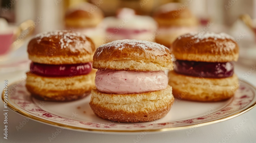 Four delicious pastries with different fillings, including jam and cream, are arranged on a white plate with gold trim. Four delicious pastries with different fillings, including jam and cream, are arranged on a white plate with gold trim.