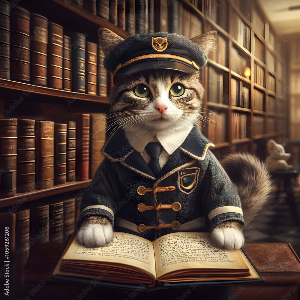Cat in pilot uniform reading book in cozy library with vintage decor Cat in pilot uniform reading book in cozy library with vintage decor