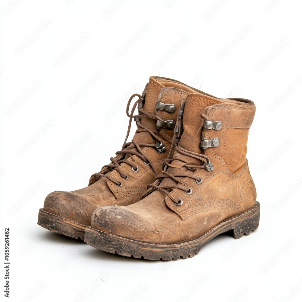 A pair of rugged brown boots, showing signs of wear and dirt, suitable for outdoor activities or hiking. A pair of rugged brown boots, showing signs of wear and dirt, suitable for outdoor activities or hiking.