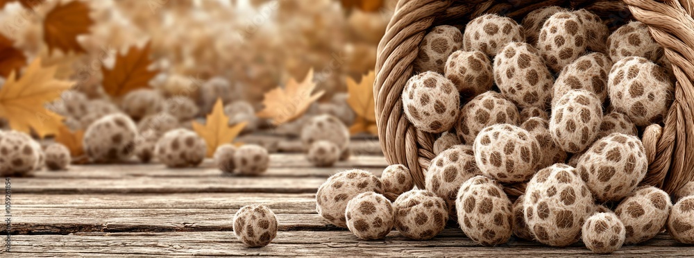 Spotted eggs spilling from a wicker basket onto a wooden table with autumn leaves in the background. Spotted eggs spilling from a wicker basket onto a wooden table with autumn leaves in the background.